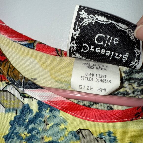 Vintage Clio Dressing Sleeveless Rayon Maxi Dress With Scenic Print Yellow/Blue/ - Picture 5 of 6